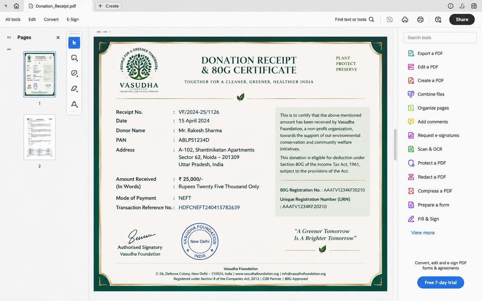 80G Donation Receipt